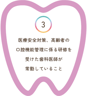 医療安全対策、高齢者の口腔機能管理に係る研修を受けた歯科医師が常勤していること